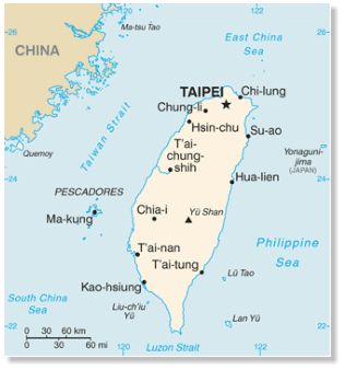 Die Lage Taiwans vor der Küste der Volksrepublik China [Public Domain, https://commons.wikimedia.org/w/index.php?curid=89570]